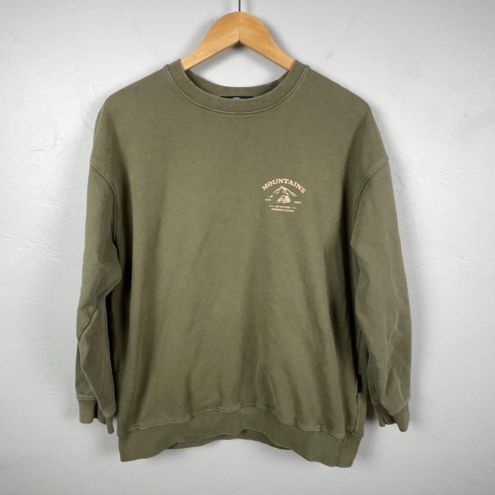 Astral Projection Sweater Men Large Mountains AP Studio Graphic Crewneck Olive